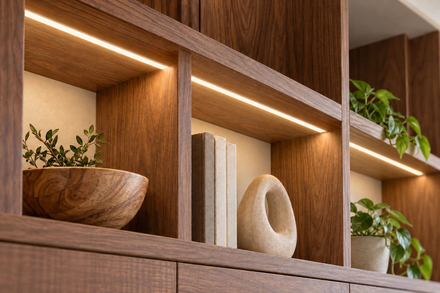 Y6284 7×13 Kanatlı LED Profili — Küçük dolap bölmesi içinde gömme uygulama; iki eşit kanat ve dar opal ışık yüzeyi.