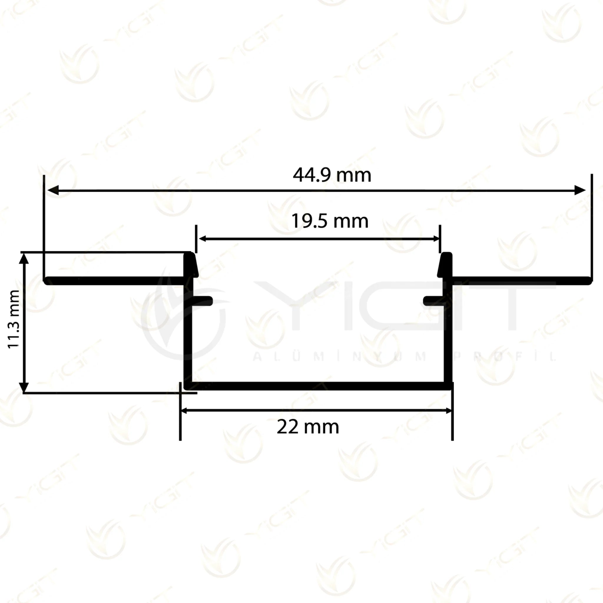 Özgün ölçülü kesit · 44,9 mm toplam, 22 mm gövde, 19,5 mm açıklık ve 11,3 mm yükseklik.