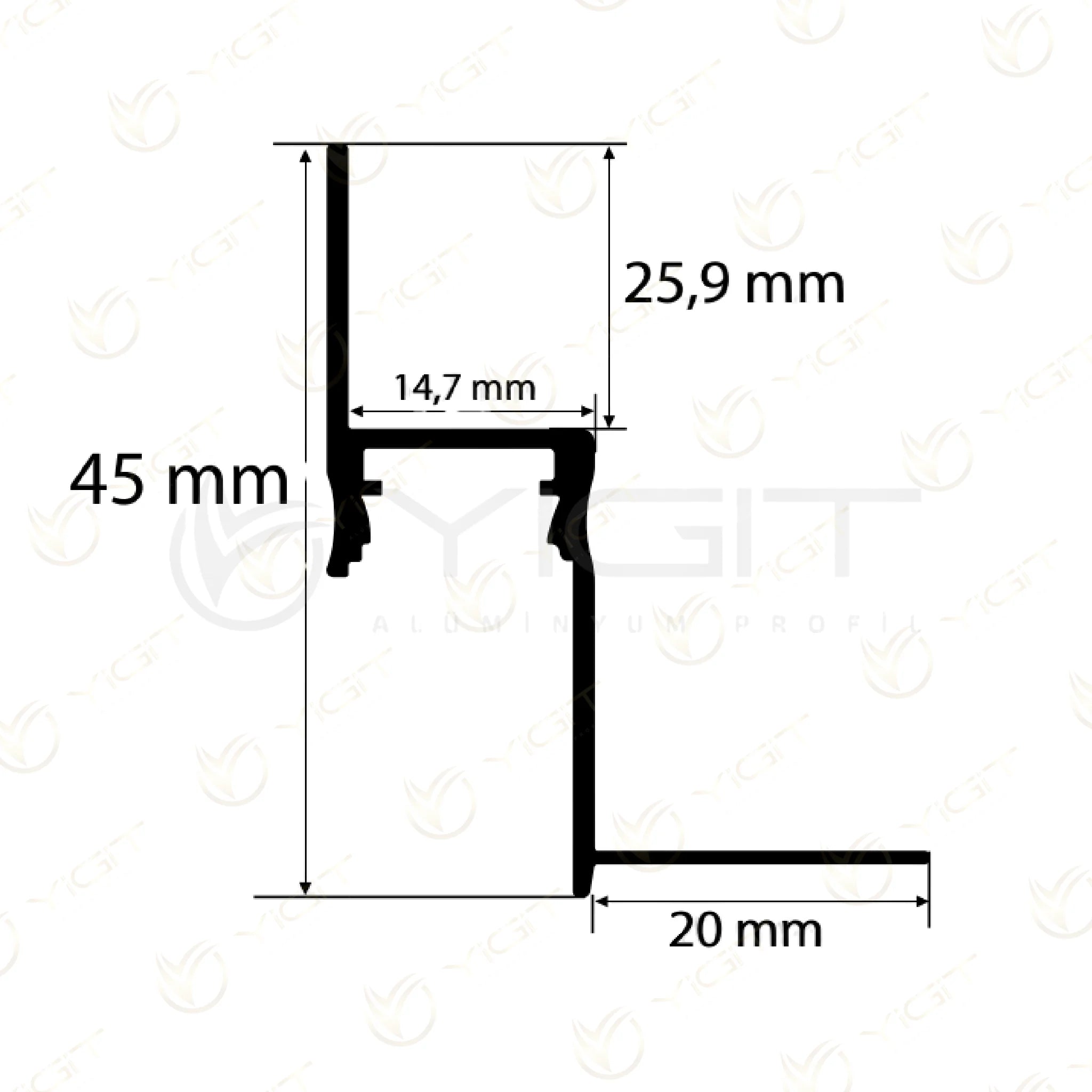 Özgün Y6244 teknik çizimi · 45 mm toplam yükseklik ve 20 mm alt yatay kanat.