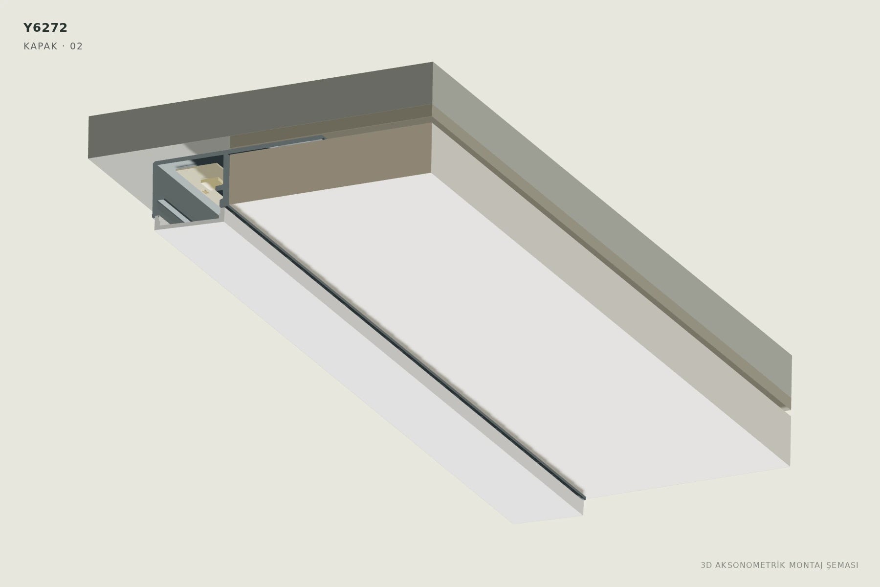 Y6272 Tek Kanatlı Ters Trimless LED Profili — 3D aksonometrik kapak montajı şeması. 02: Dengeli basınçla ilerleyin.