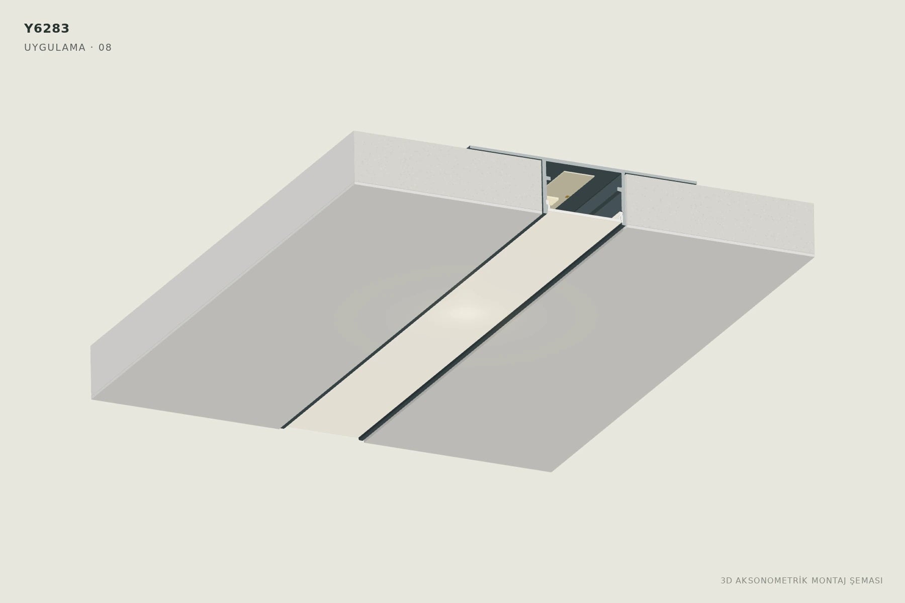 Y6283 2 cm Ters Trimless LED Profili — 3D aksonometrik montaj şeması. 08: Kapağı takın, ışığı kontrol edin.
