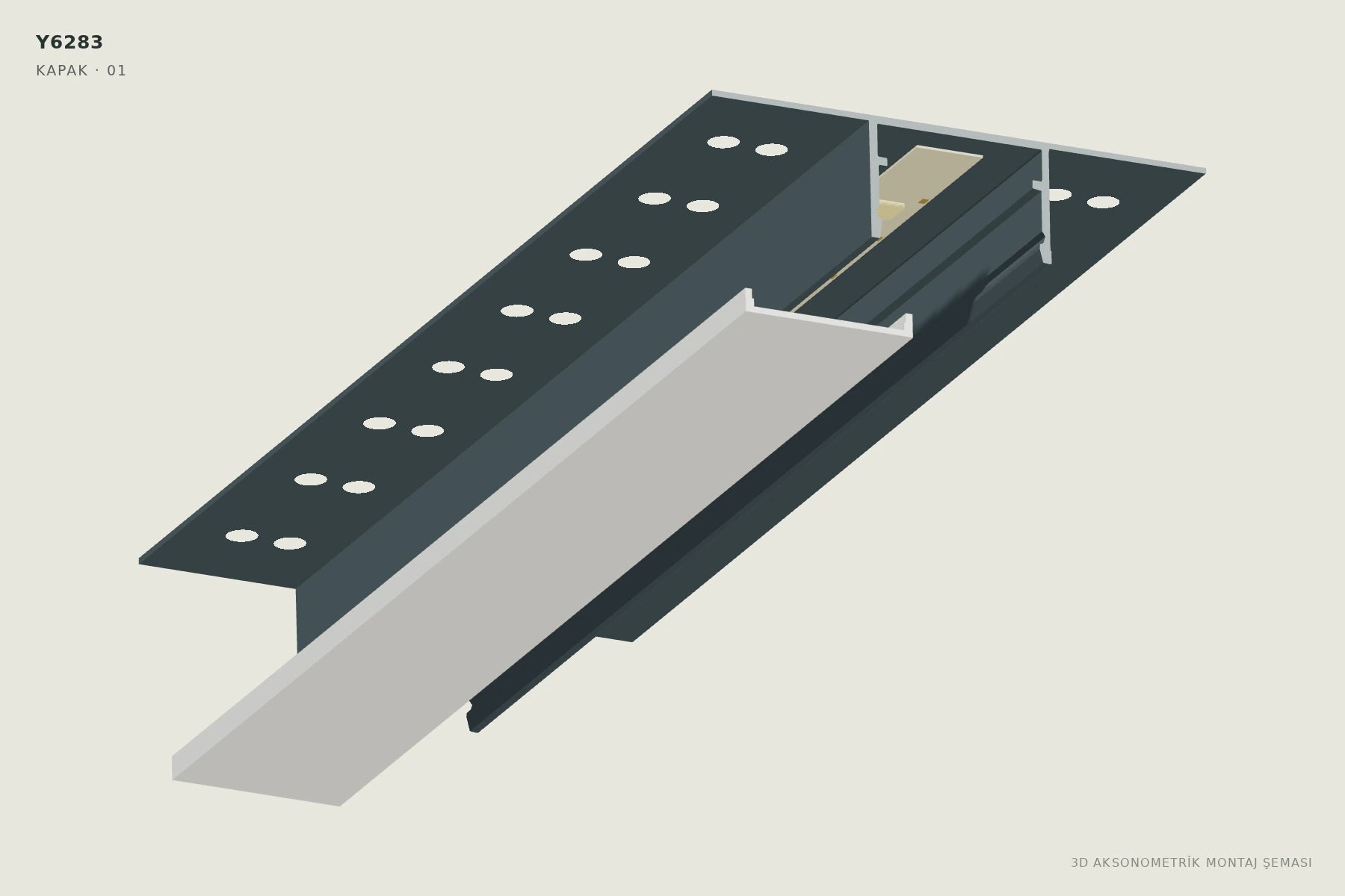Y6283 2 cm Ters Trimless LED Profili — 3D aksonometrik kapak montajı şeması. 01: Kapağı hizalayın.