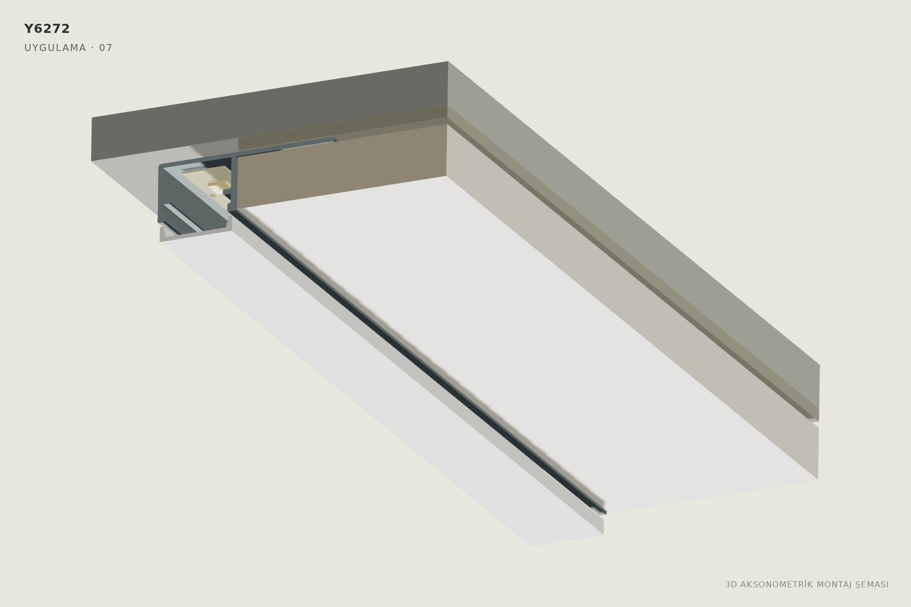 Y6272 Tek Kanatlı Ters Trimless LED Profili — 3D aksonometrik montaj şeması. 07: Difüzörü yeniden oturtun.