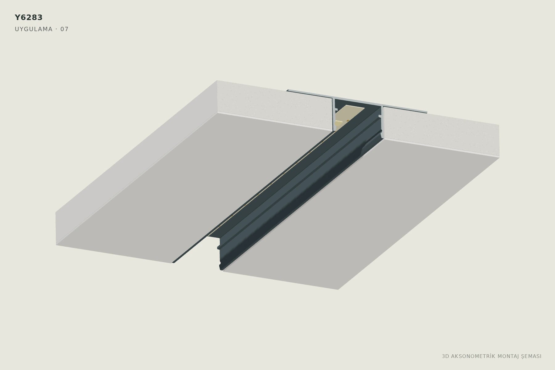 Y6283 2 cm Ters Trimless LED Profili — 3D aksonometrik montaj şeması. 07: LED şeridi yerleştirin.