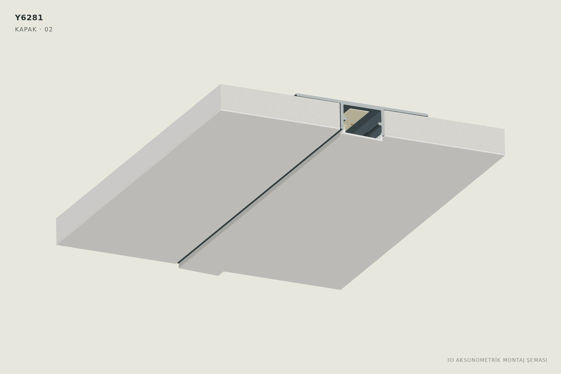 Y6281 1.8 cm Ters Trimless LED Profili — 3D aksonometrik kapak montajı şeması. 02: Bir kenardan oturtun.
