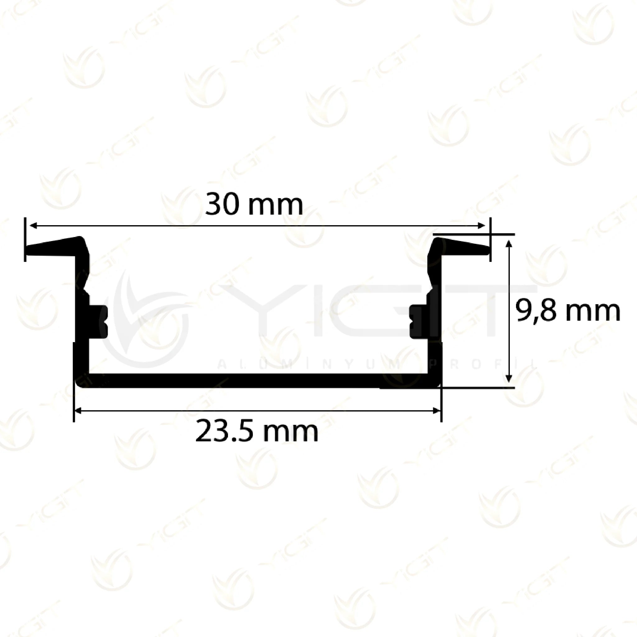 Y6263 · Özgün ölçülü kesit · 30 mm toplam, 23,5 mm gövde, 9,8 mm yükseklik.