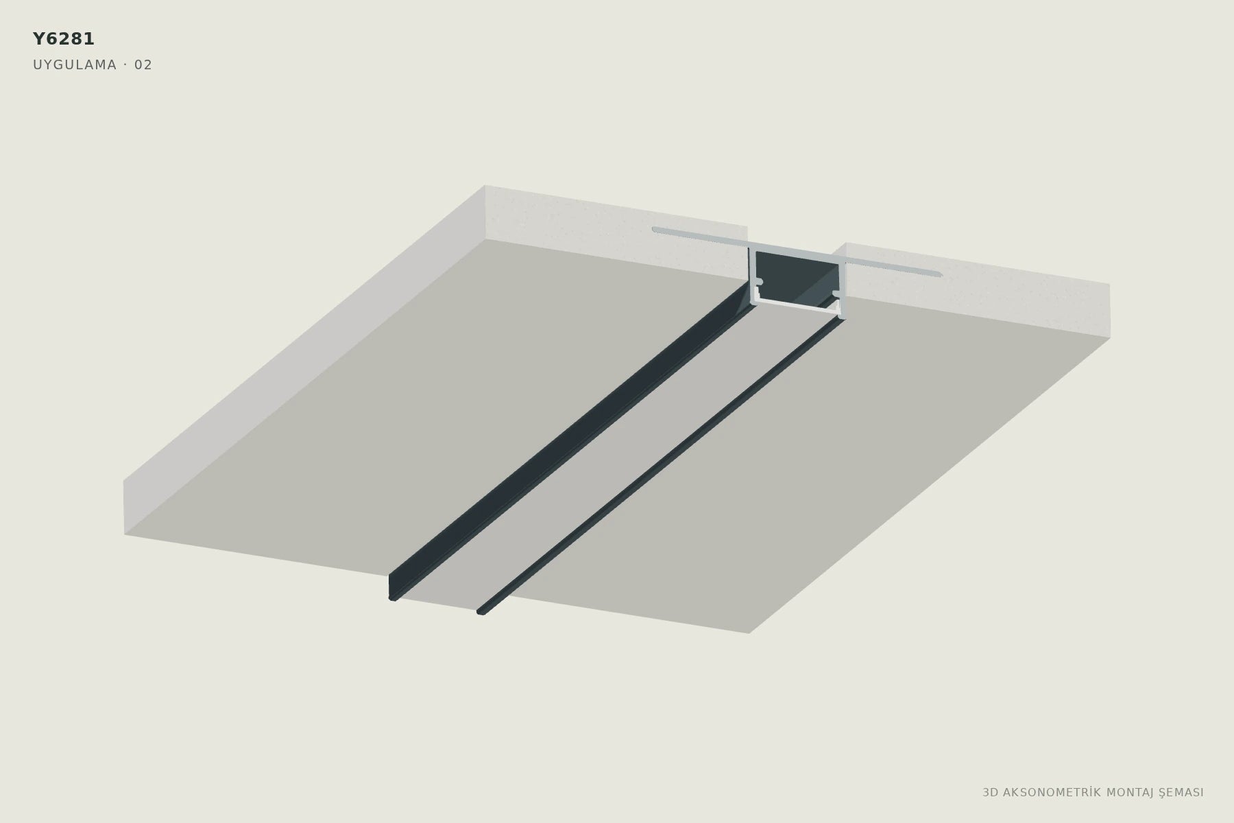 Y6281 1.8 cm Ters Trimless LED Profili — 3D aksonometrik montaj şeması. 02: Kanatları arka yüze yerleştirin.