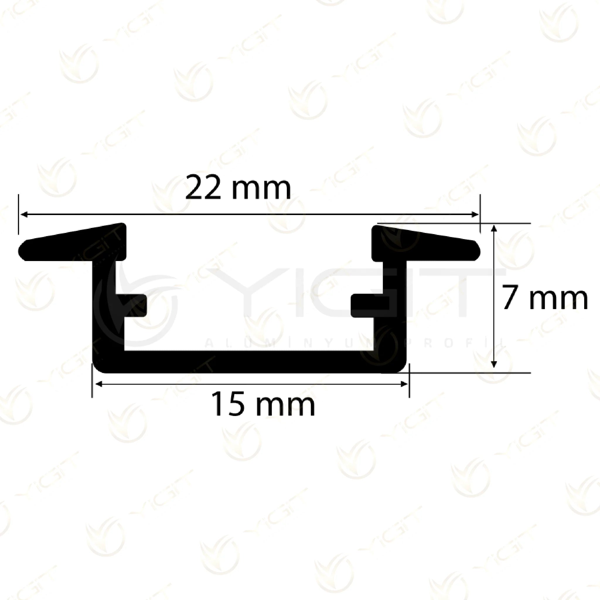 Y6122 · Özgün ölçülü kesit · 22 mm toplam, 15 mm gövde, 7 mm yükseklik.