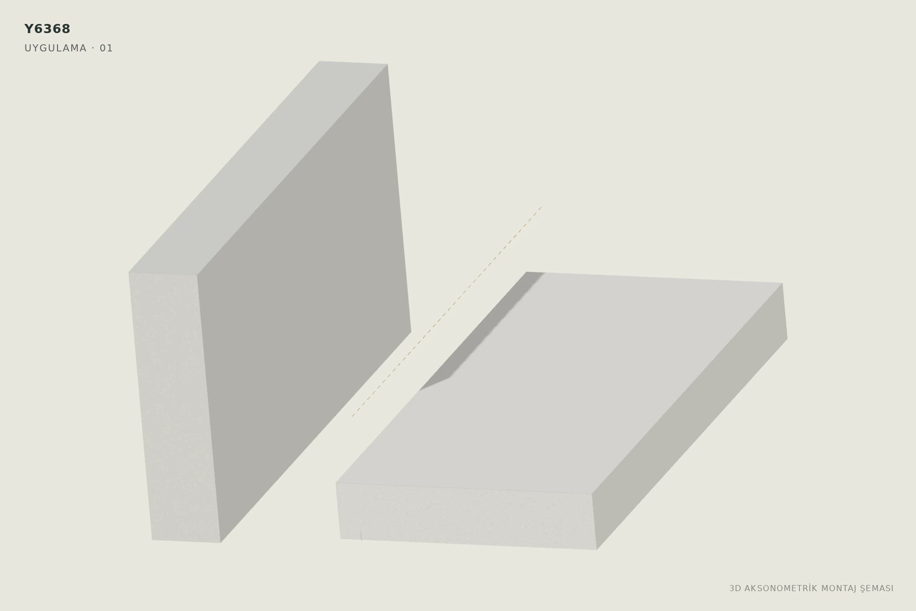 Y6368 Alçıpan Gizli Köşe LED Profili — 3D aksonometrik montaj şeması. 01: Hattı ve yüzey kotunu planlayın.