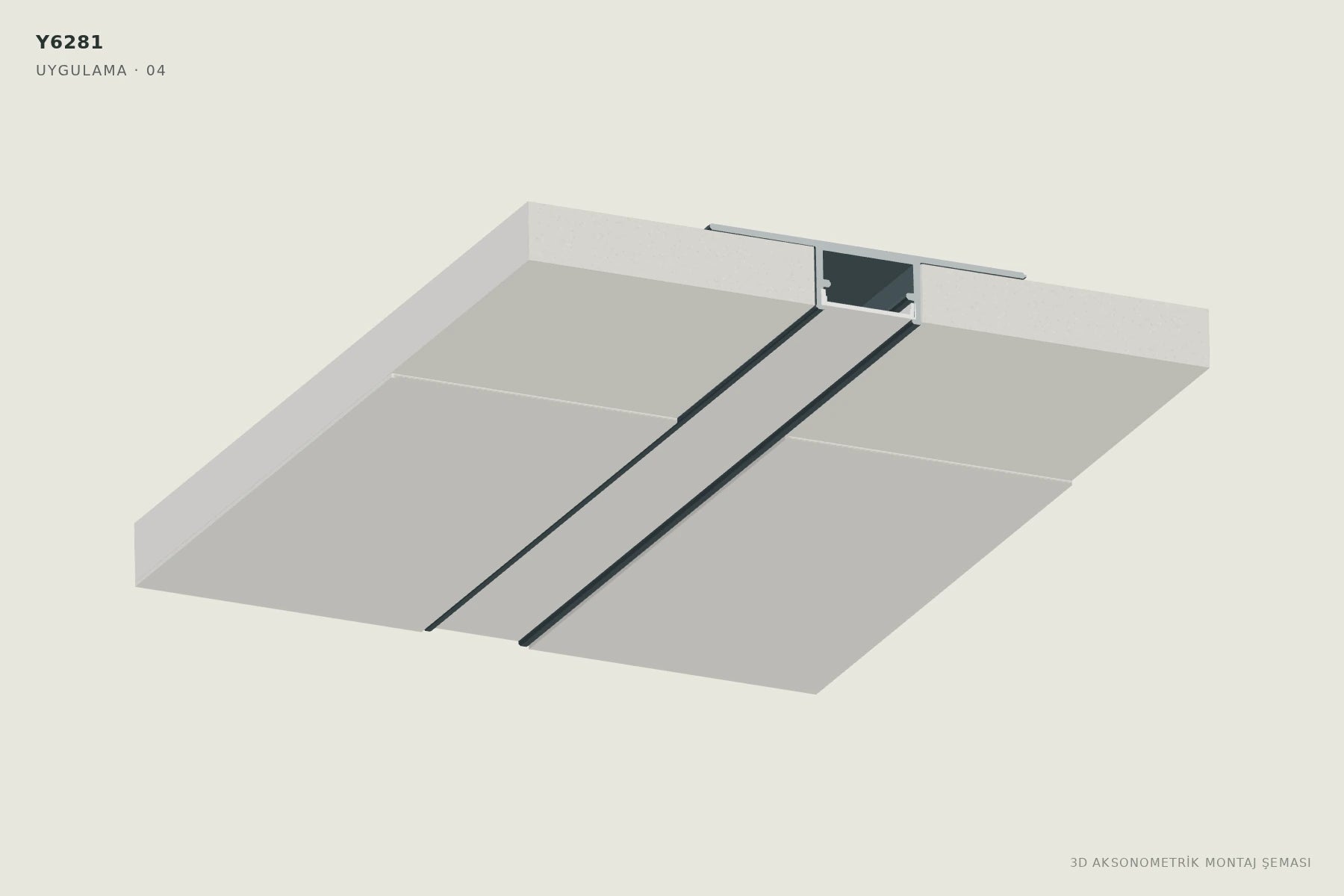 Y6281 1.8 cm Ters Trimless LED Profili — 3D aksonometrik montaj şeması. 04: Derz ve vida yerlerini bitirin.