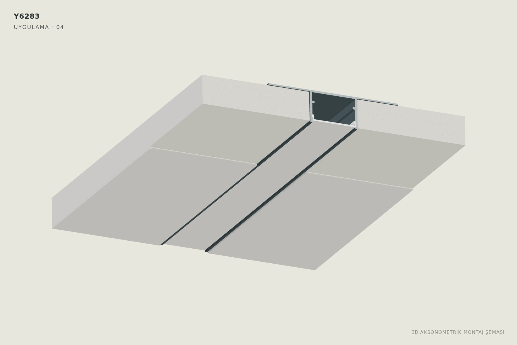 Y6283 2 cm Ters Trimless LED Profili — 3D aksonometrik montaj şeması. 04: Derz ve vida yerlerini bitirin.