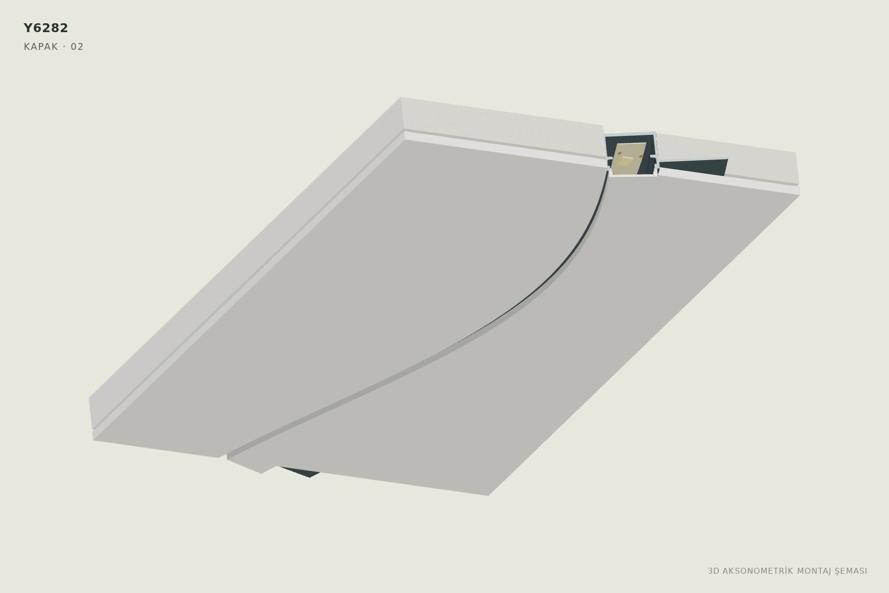 Y6282 Esnek Trimless Alçıpan LED Profili — 3D aksonometrik kapak montajı şeması. 02: Başlangıcı oturtun.