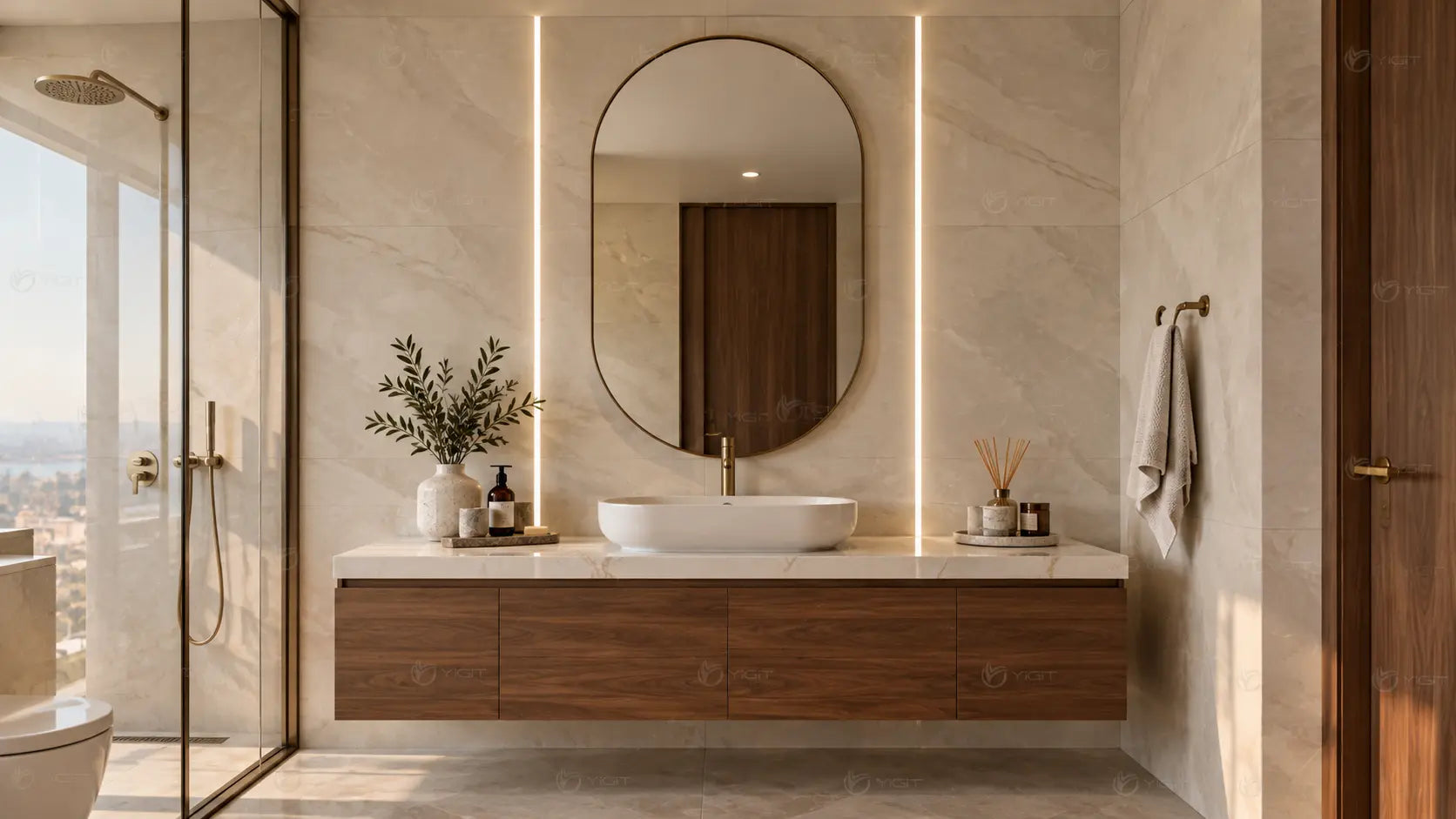Ayna yanında çizgi oluşturun. Tek Kanatlı Ters Trimless banyo tasarımı.