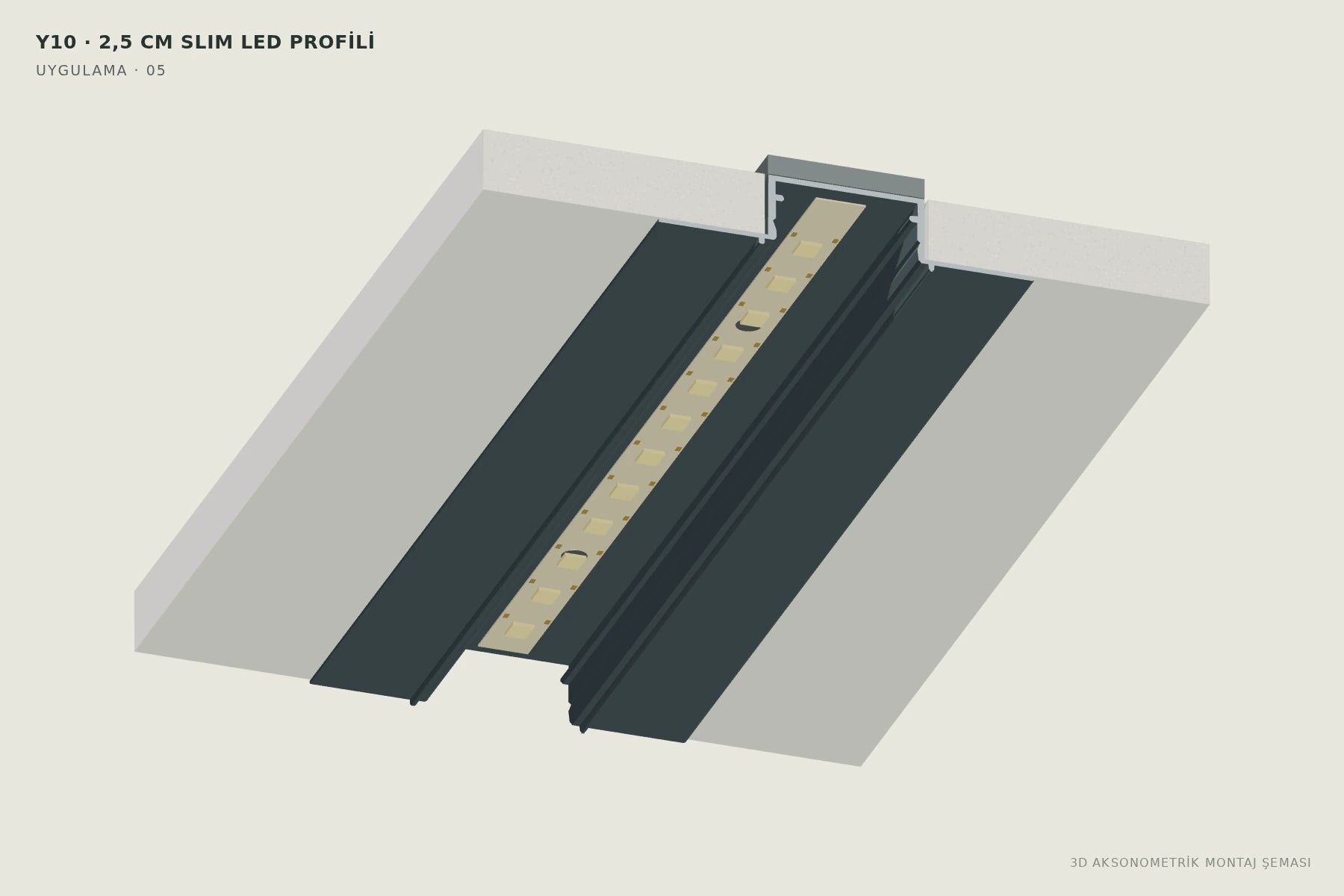 Y10 · 2,5 cm Slim LED Profili — 3D aksonometrik montaj şeması. 05: Y10 kanalına LED’i yerleştirin.