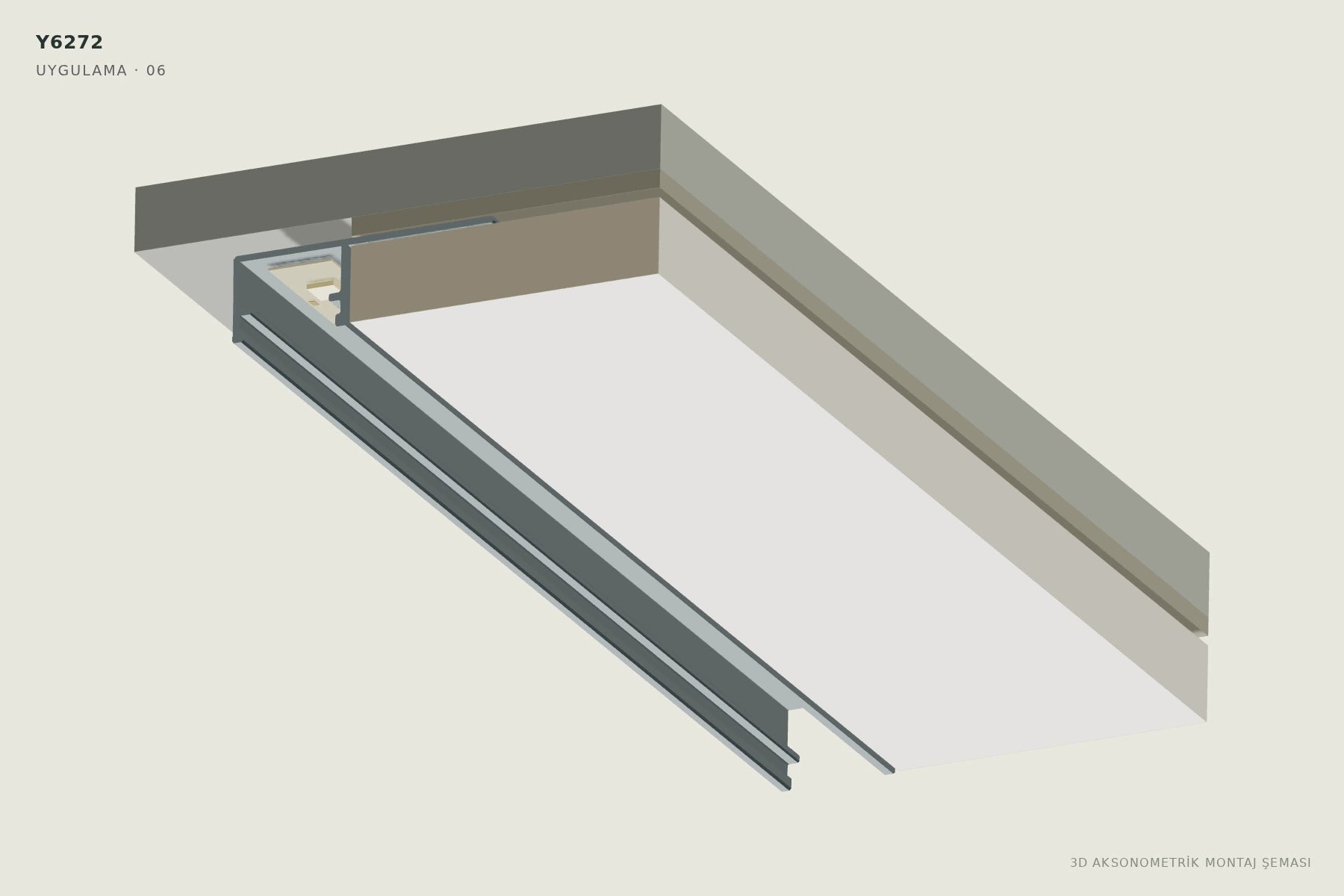 Y6272 Tek Kanatlı Ters Trimless LED Profili — 3D aksonometrik montaj şeması. 06: Uygun LED şeridi yerleştirin.