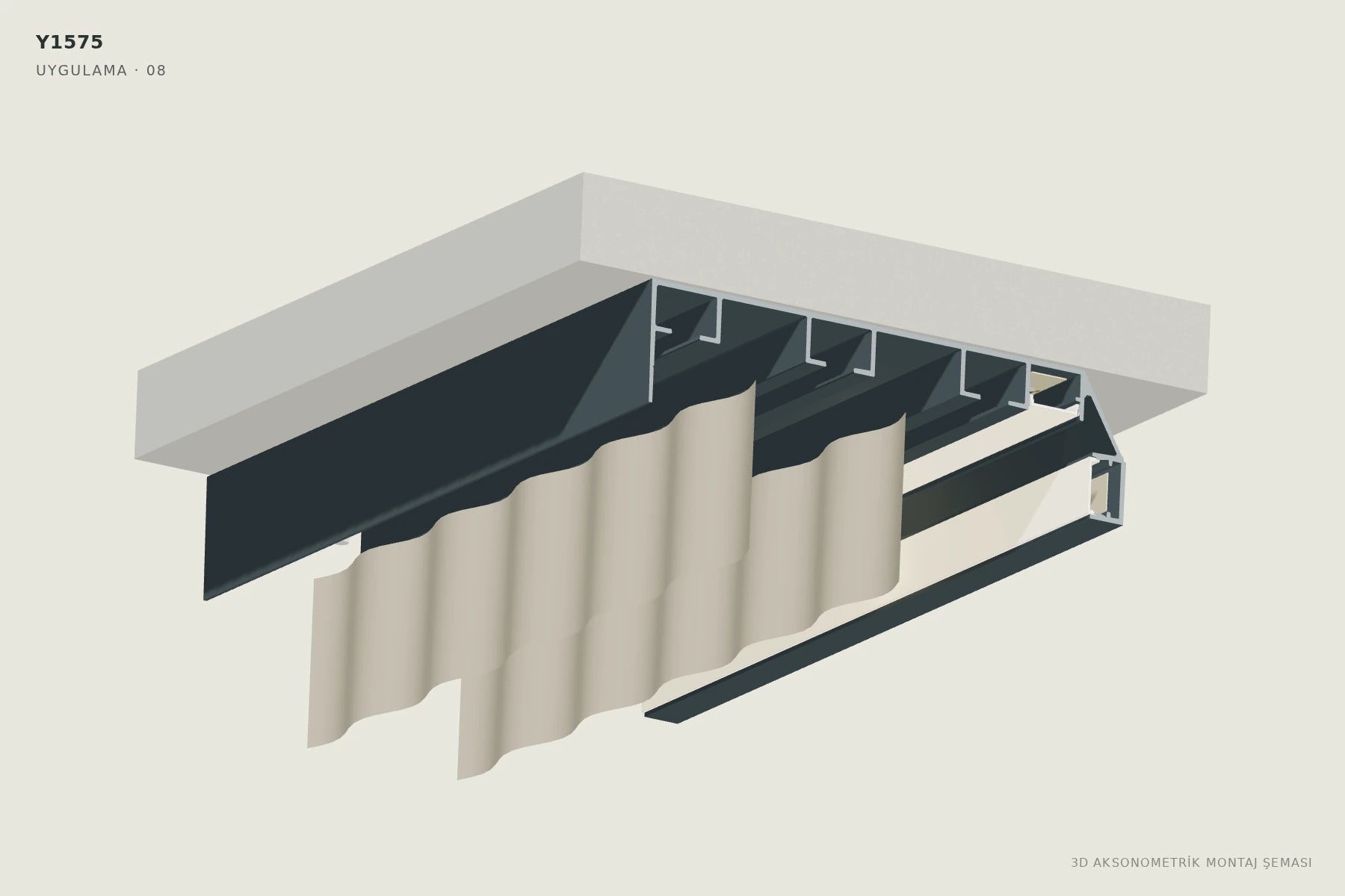 Y1575 LED'li Korniş Perdelik Profili — 3D aksonometrik montaj şeması. 08: Perde hareketini ve ışığı deneyin.