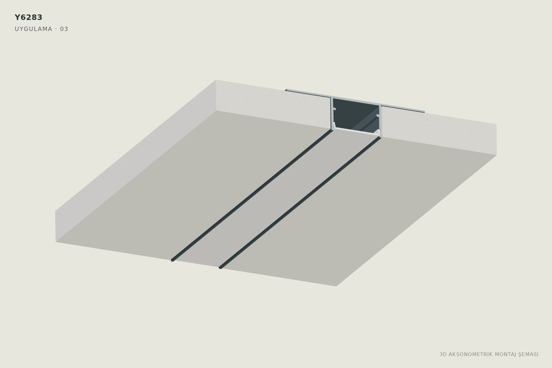 Y6283 2 cm Ters Trimless LED Profili — 3D aksonometrik montaj şeması. 03: Alçıpan üzerinden sabitleyin.