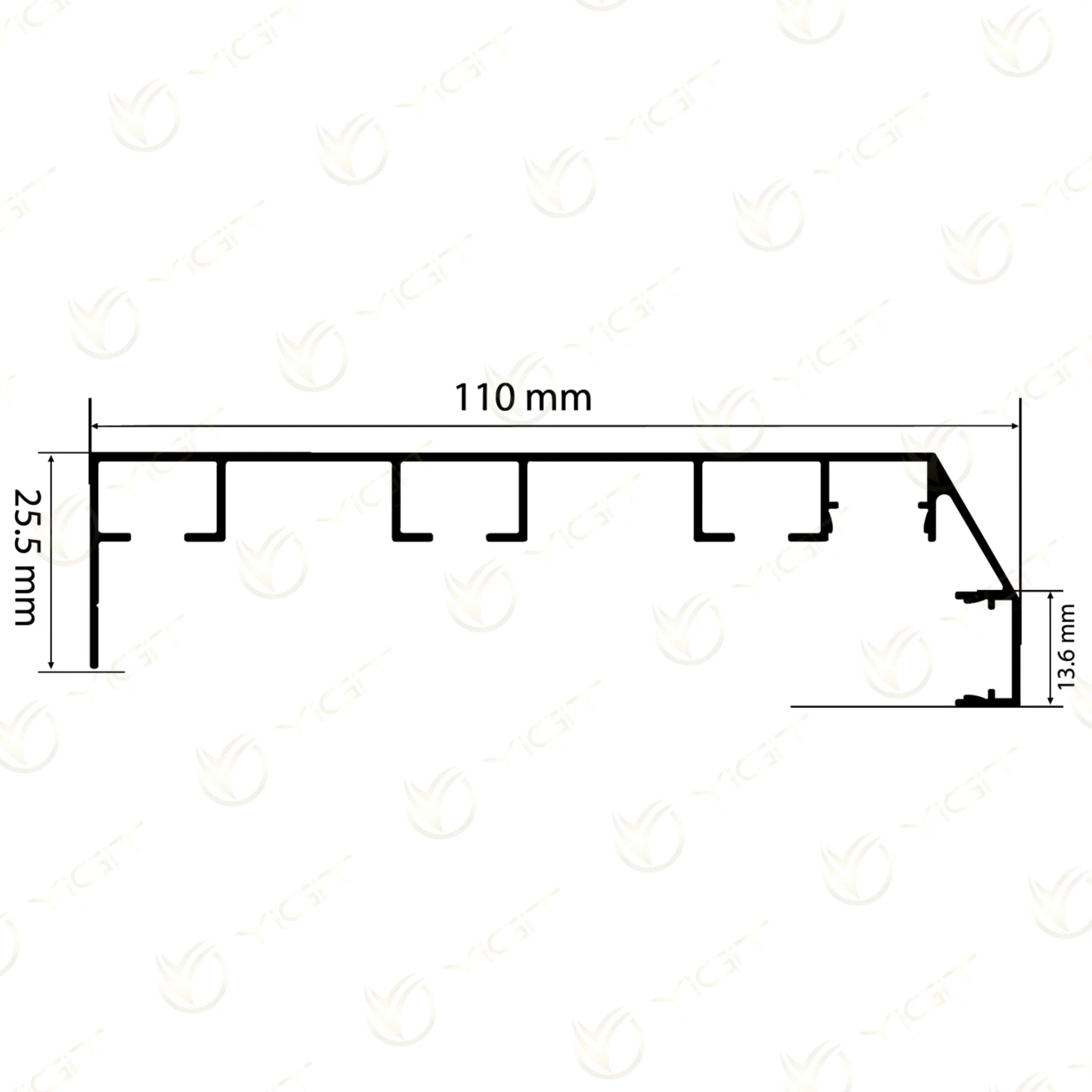 Y1575 özgün teknik kesiti: 110 mm toplam genişlik, 25,5 mm ve 13,6 mm düşey ölçüler.