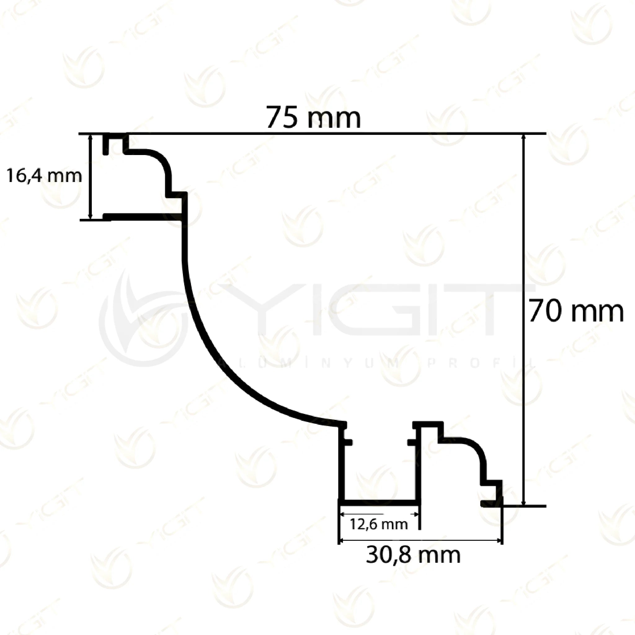 Kartonpiyer LED Profilinin özgün kesiti: 75 mm genişlik, 70 mm yükseklik ve 12,6 mm kanal iç ölçüsü.