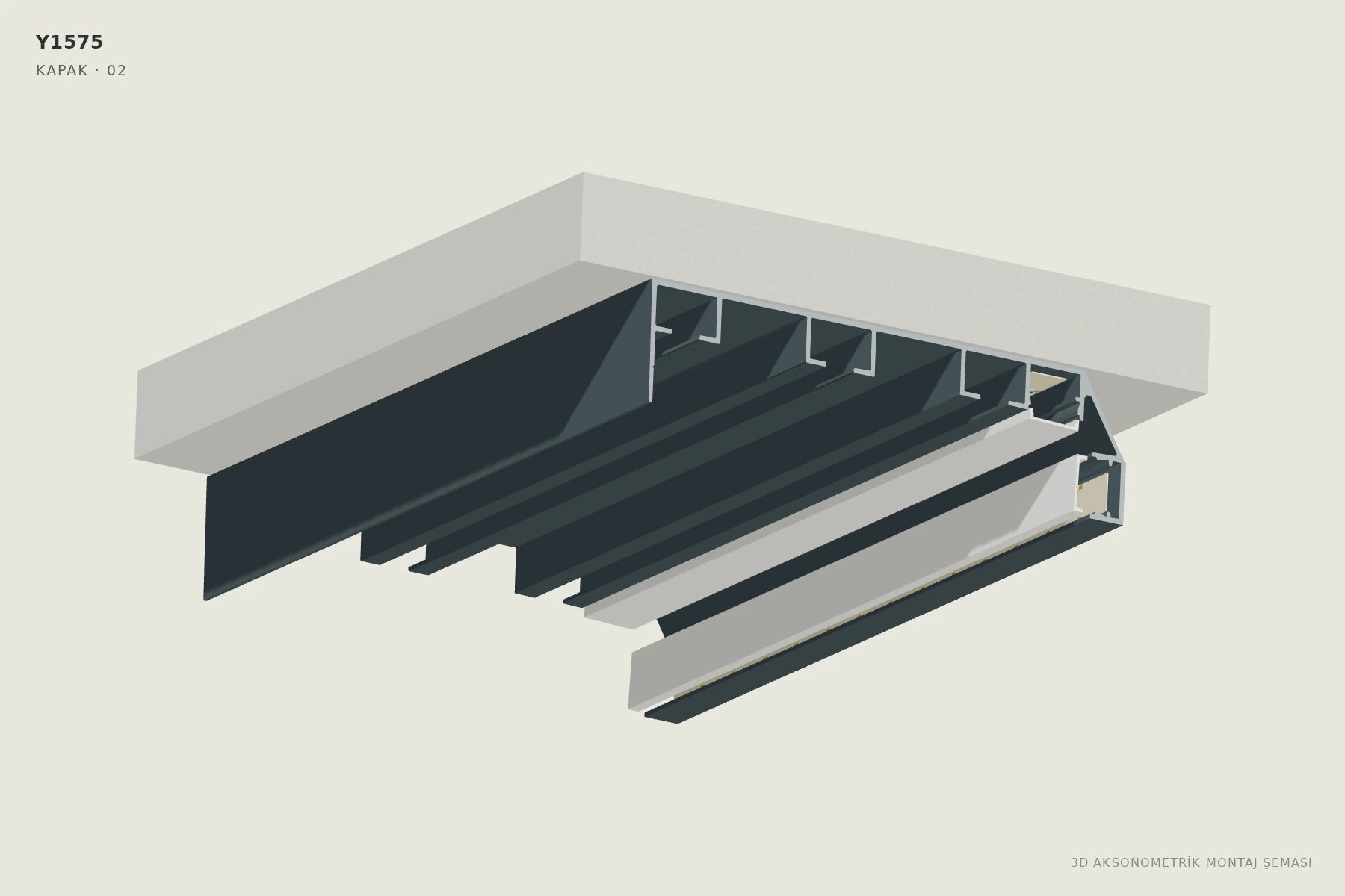 Y1575 LED'li Korniş Perdelik Profili — 3D aksonometrik kapak montajı şeması. 02: Her kapağı kendi yönünde oturtun.
